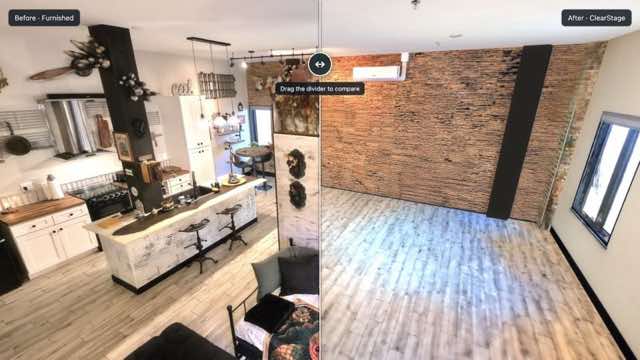 Actual ClearStage demonstration: furnished Rose studio at left, digitally cleared studio at right