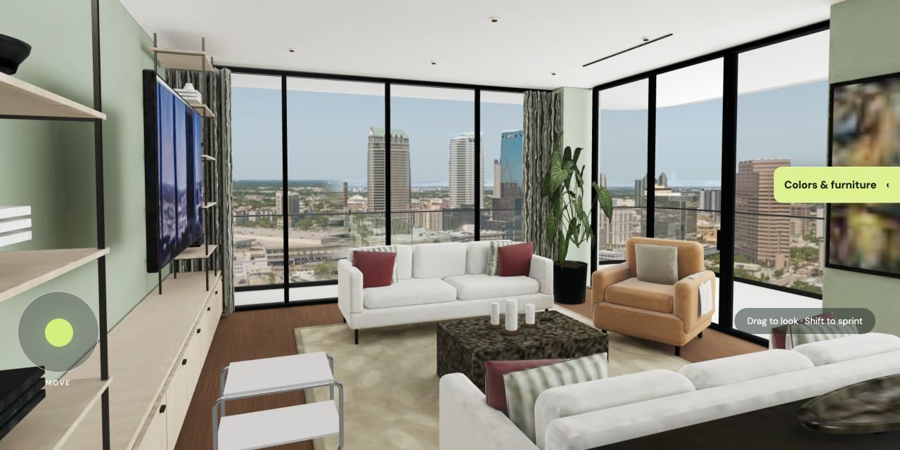 The same actual model with smoked oak floors, sage walls and an added white side table